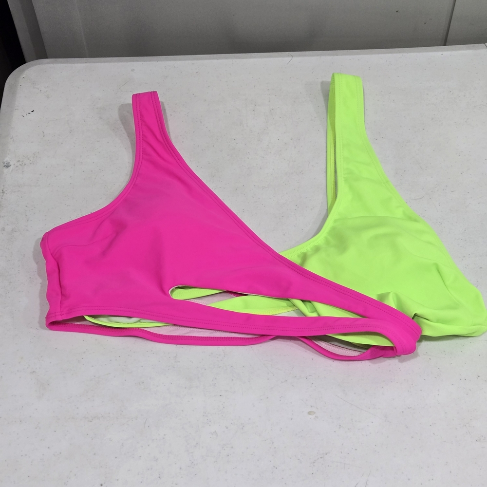 Neon Pink & Neon Green Two-Tone Women's Bikini Top - Asymmetric Cut